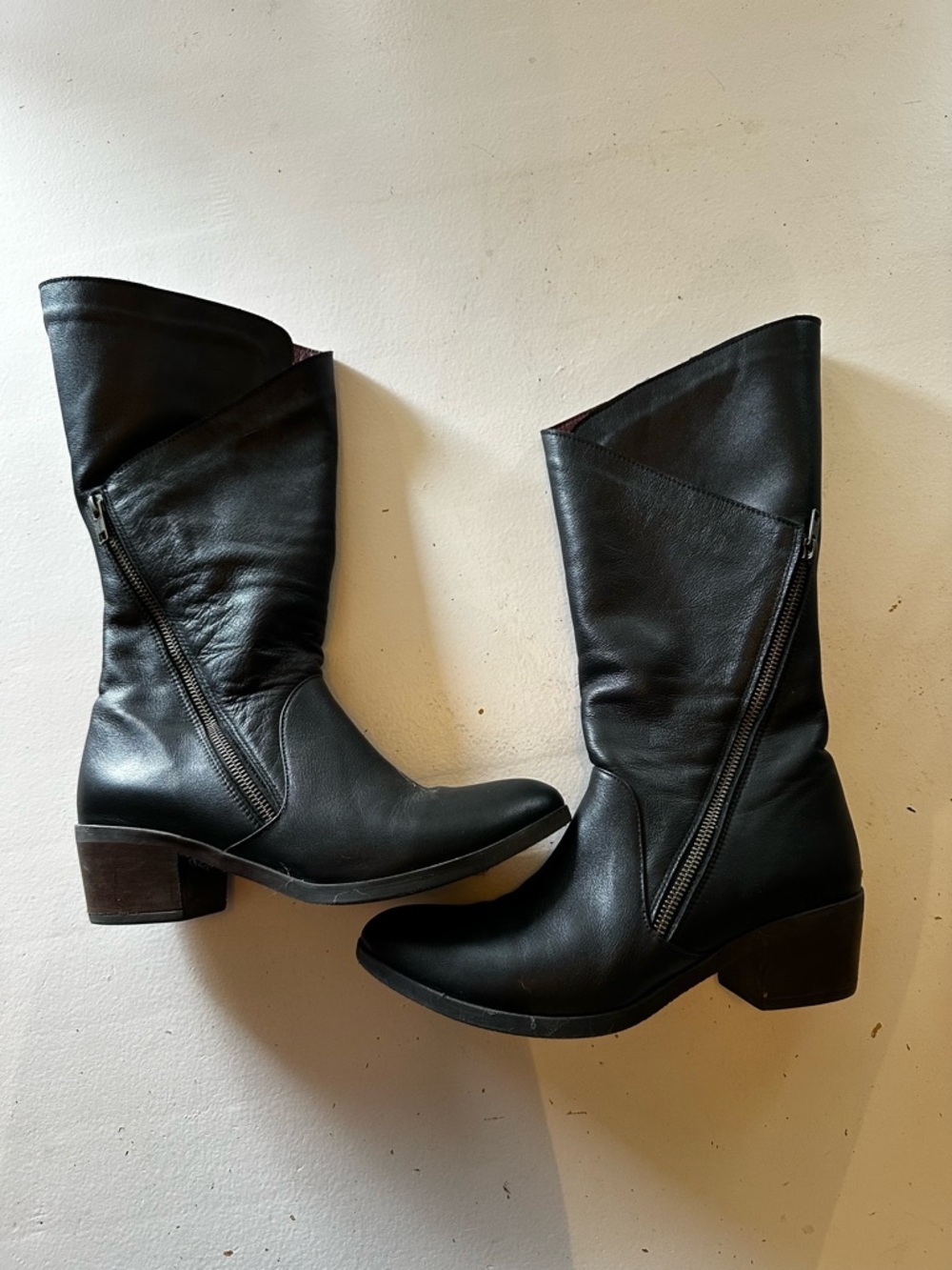 Bueno Black Leather Mid-Calf Zip Heeled Boots - Picture 2 of 2